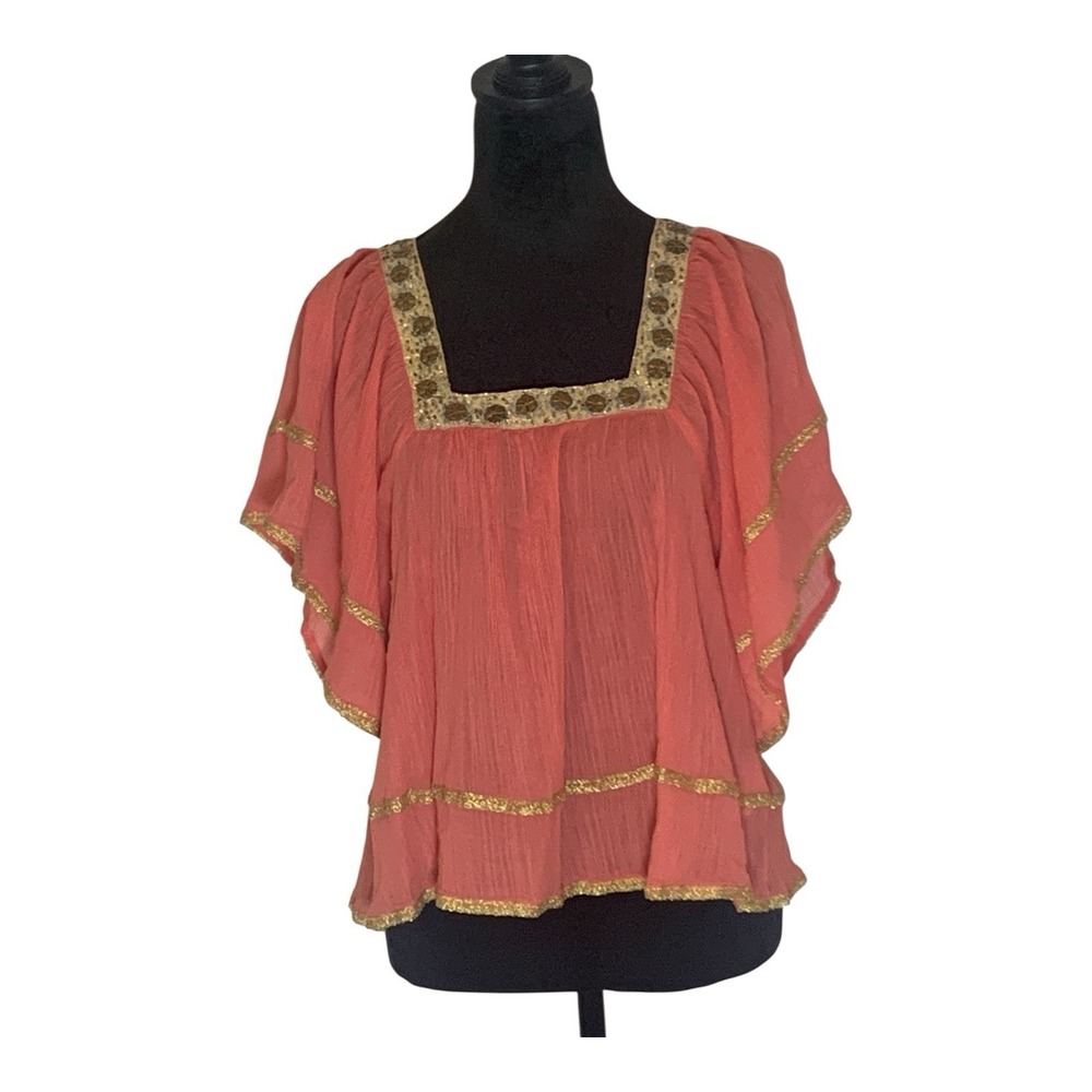Free People XS BOHO Top Peach Gold Trim Square Neck Flowy Sleeve Cropped-139